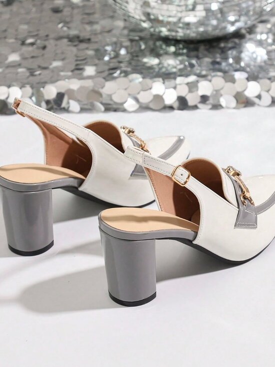 Grey Casual Chunky Heel Women's Pointed Toe Ankle Strap Sandals with Buckle - Picture 8 of 9